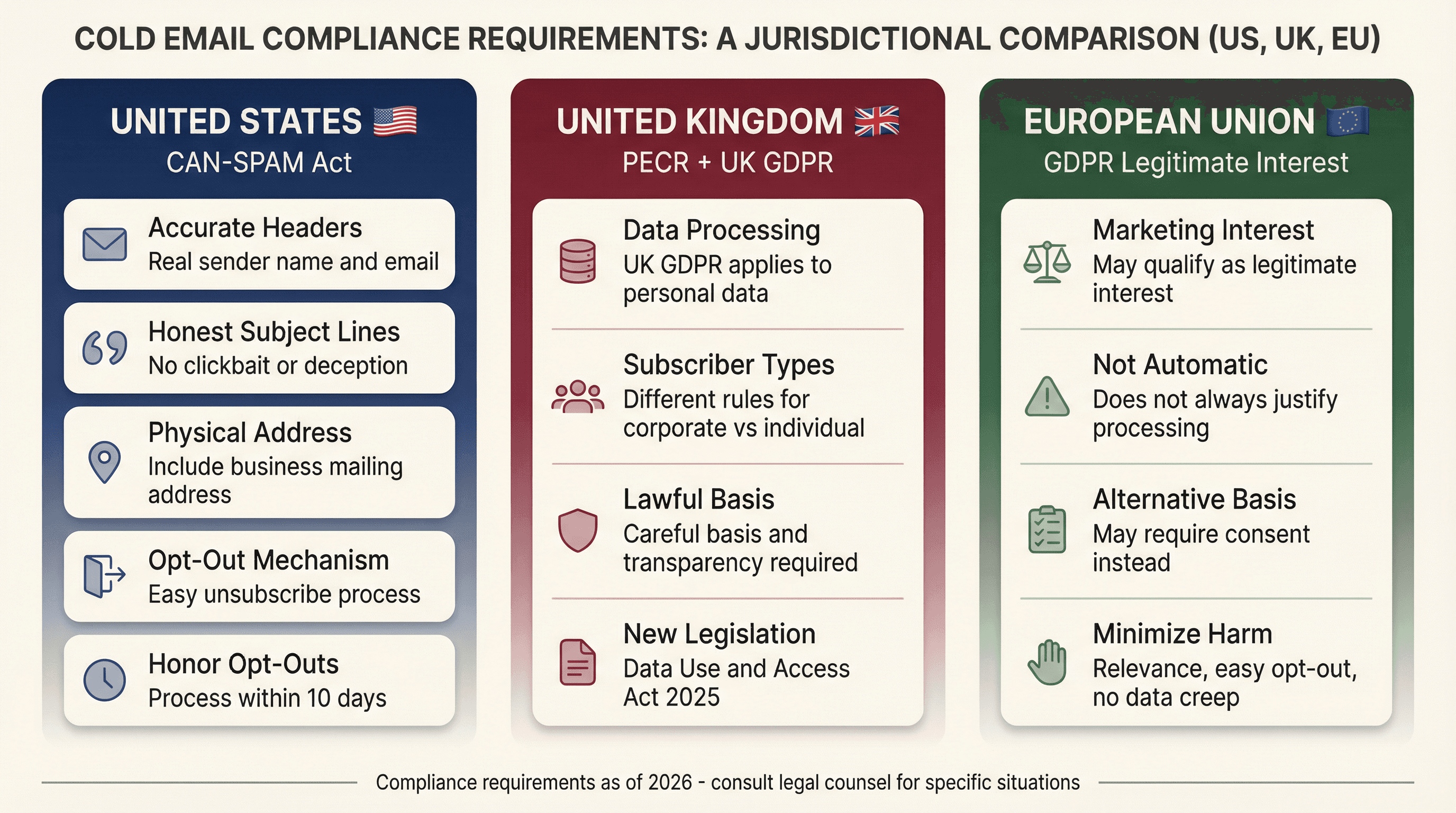 Visual comparison of cold email compliance requirements across US (CAN-SPAM), UK (PECR/GDPR), and EU (GDPR) jurisdictions