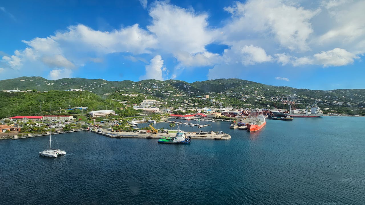 Aerial View of Scenic Harbor in Caribbean Island