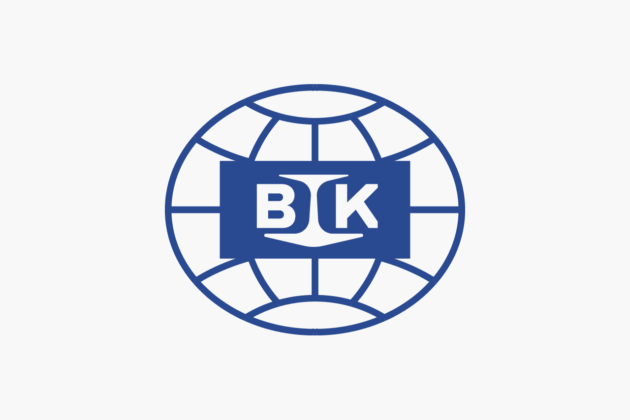 Brodokomerc Logo. Dark blue globe icon with a rectangle placed on top with the letters B and K and an achor