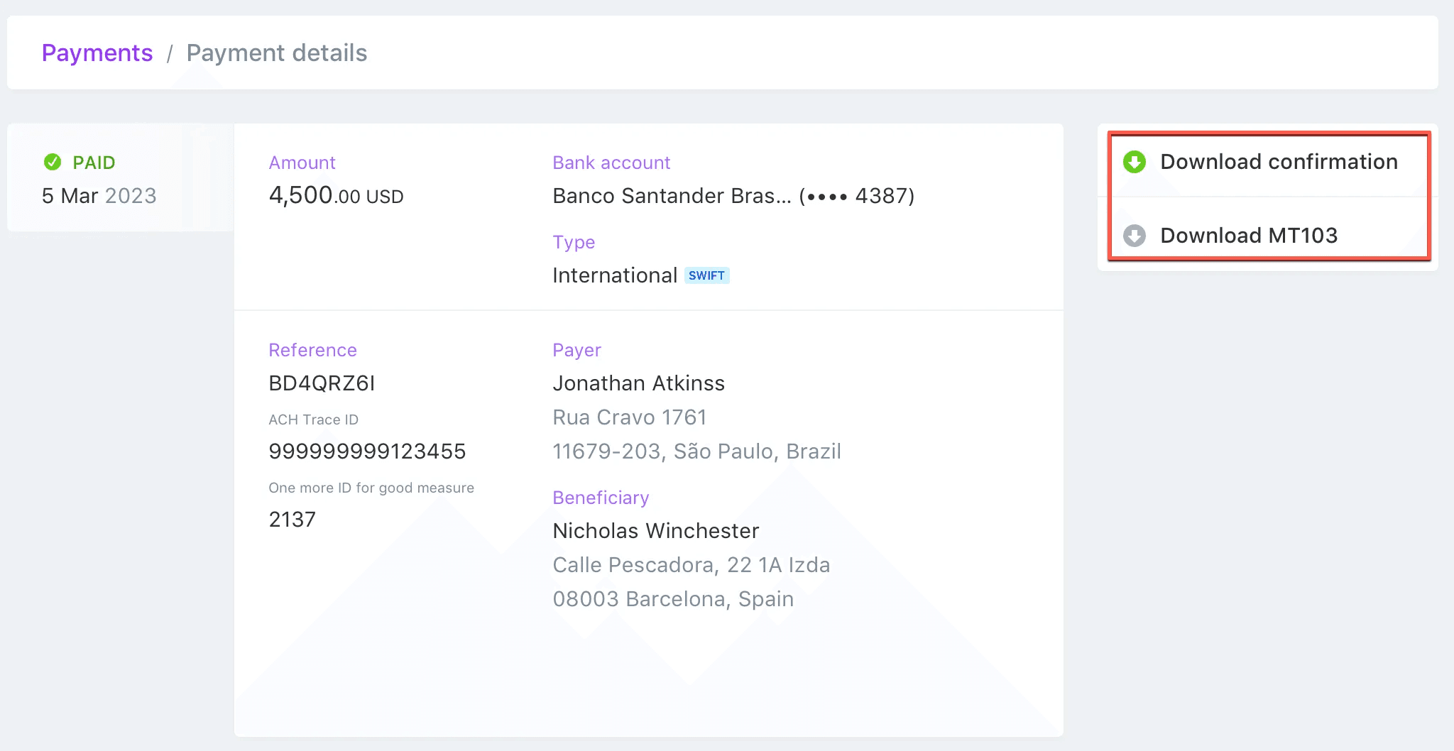A screenshot of a Payment details page for sample worker Nicholas Winchester. On the upper right, called out in a red box, are buttons to "Download confirmation" and "Download MT103."