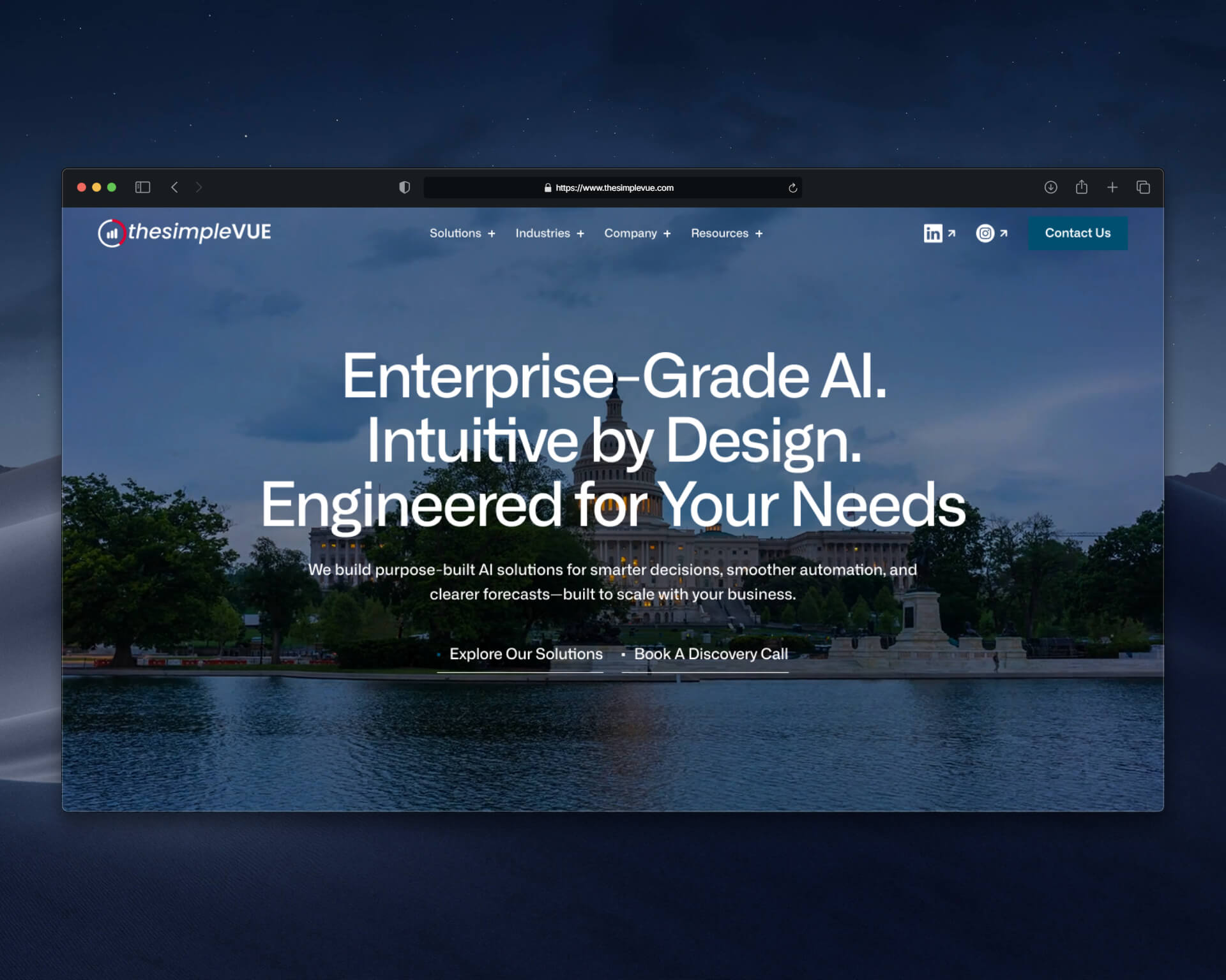 A scenic view featuring the Capitol building and a lake, with text promoting enterprise design and AI integration.