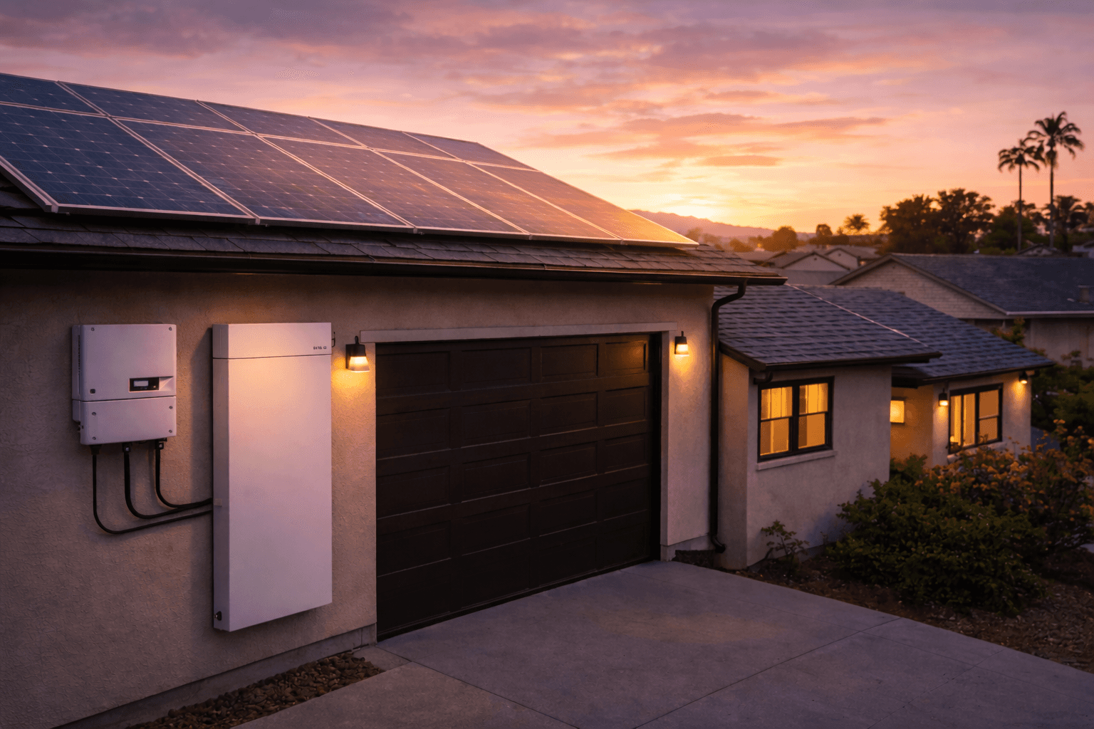 Home exterior with rooftop solar panels and a wall-mounted solar battery and inverter near the garage at sunset.