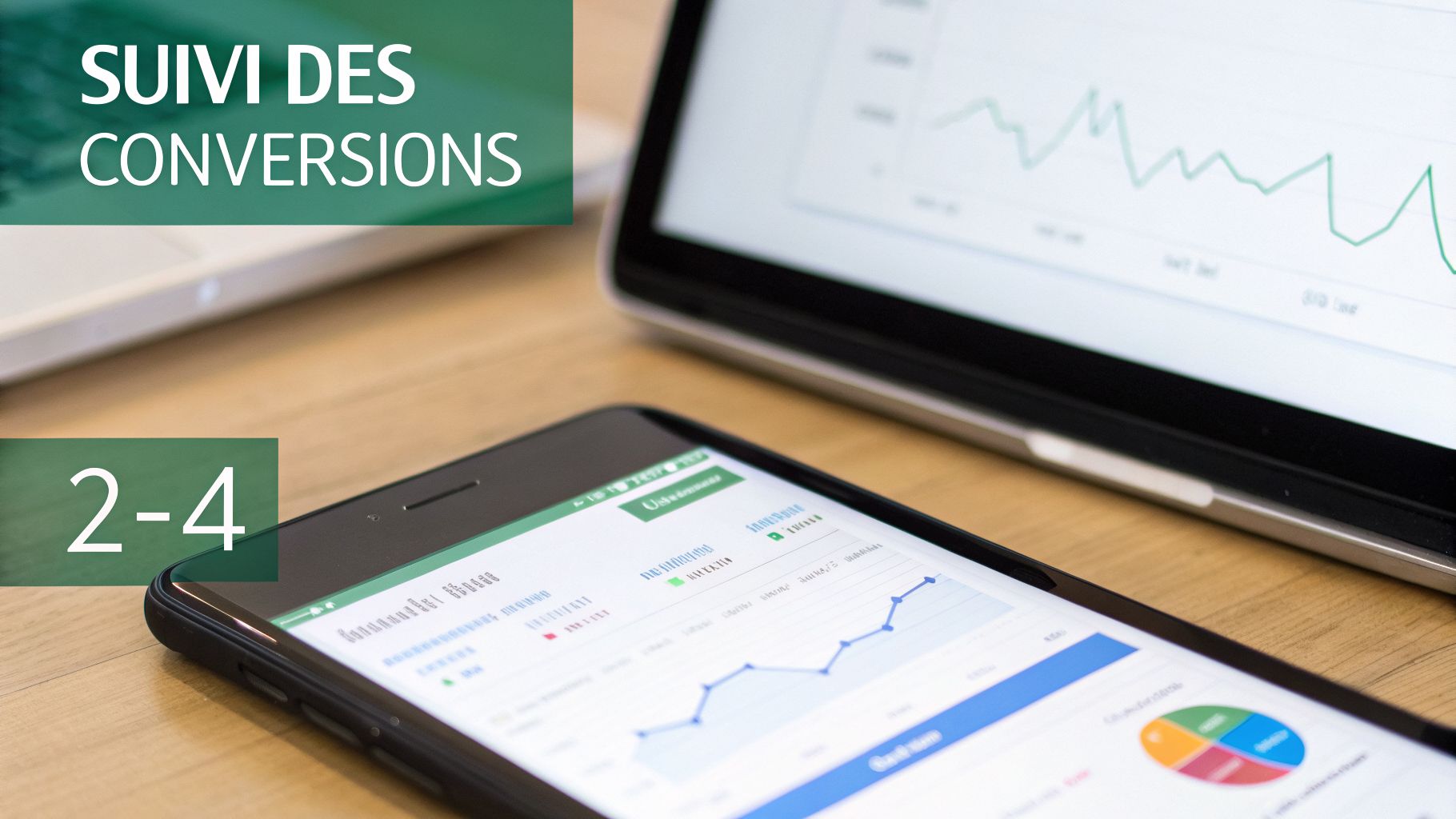 Suivi des conversions affiché sur un écran d'ordinateur et un smartphone, présentant des graphiques d'analyse de données.