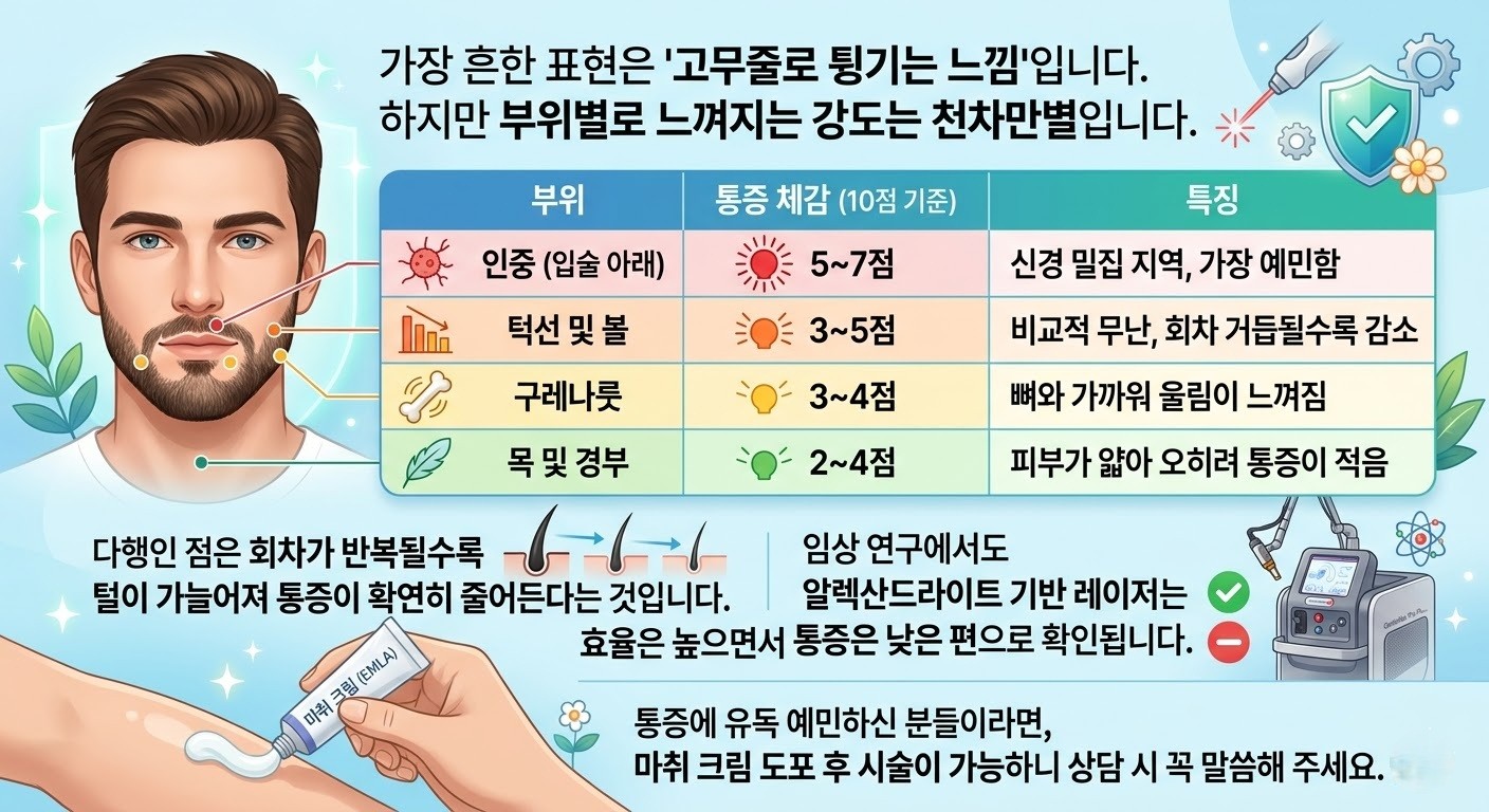 수염제모 부위별 통증 비교표 - 턱, 인중, 목
