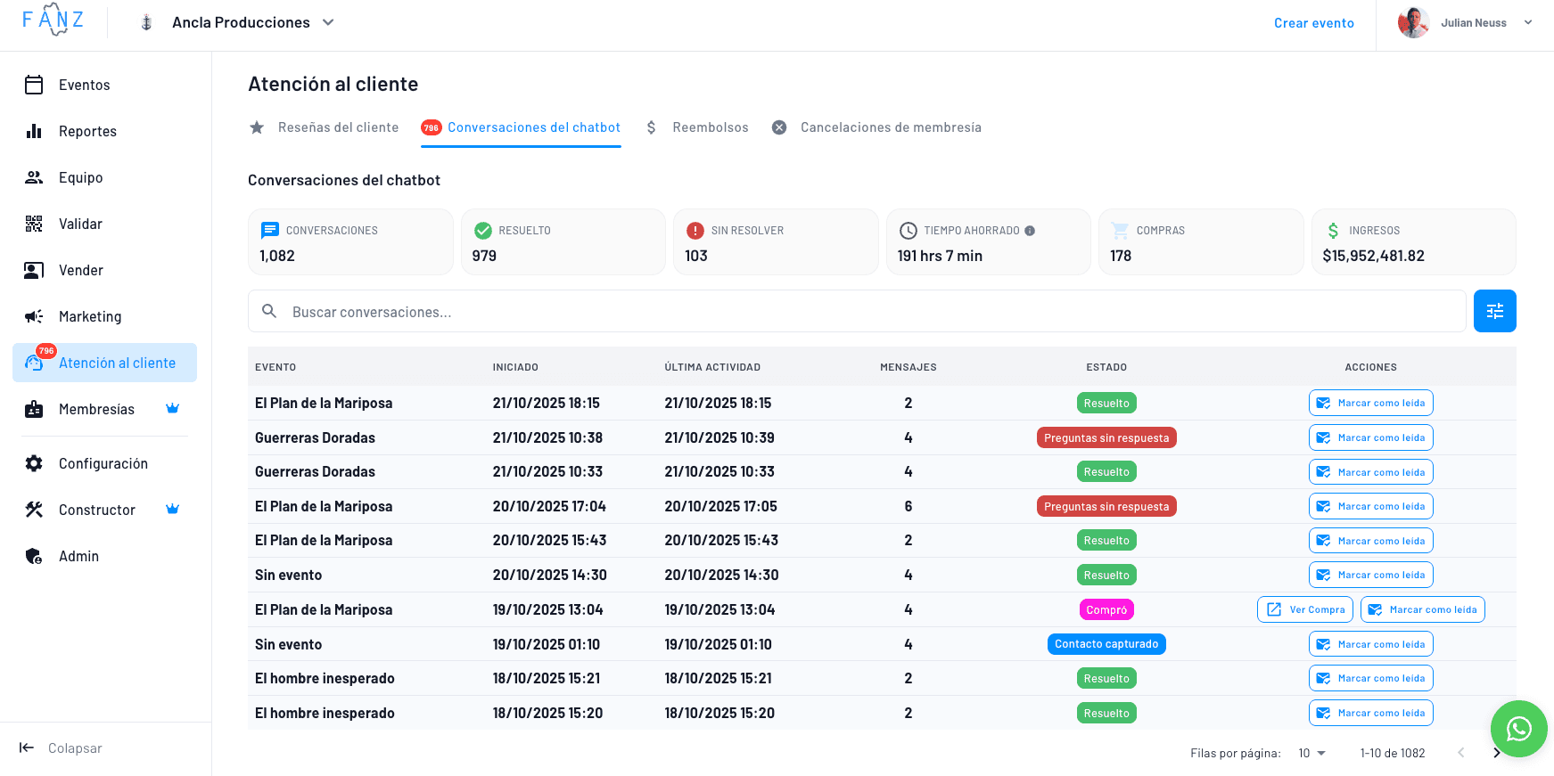 captura del panel de fanz para configurar y gestionar el chatbot