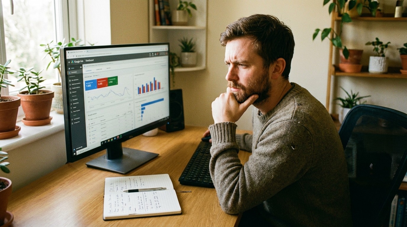 Marketer at home office desk reviewing Google Ads dashboard with notebook showing PMax vs traditional campaign comparison