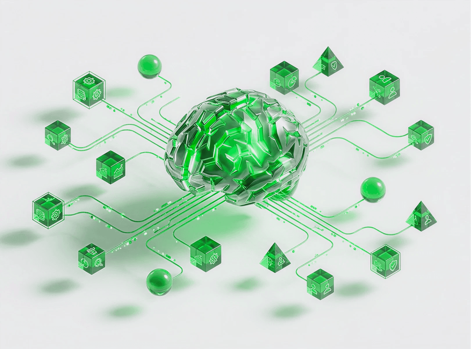 A central, glowing green brain is connected by circuits to various geometric shapes