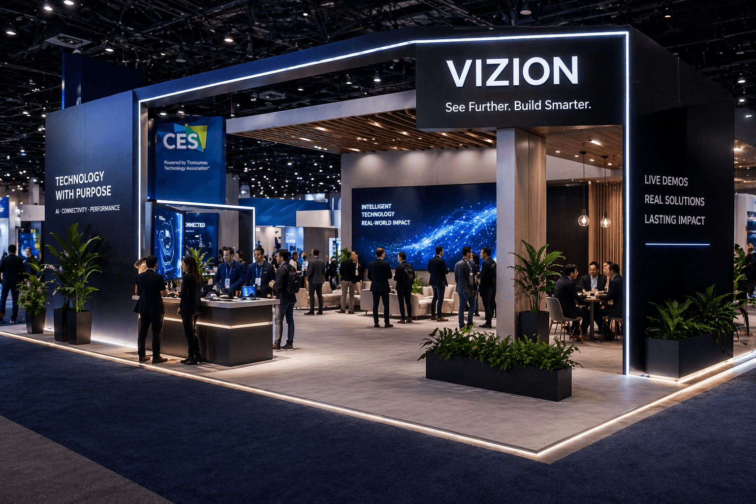 Premium CES booth in Las Vegas with an open perimeter, controlled tech layout, clear demo space, and a high-end presentation environment