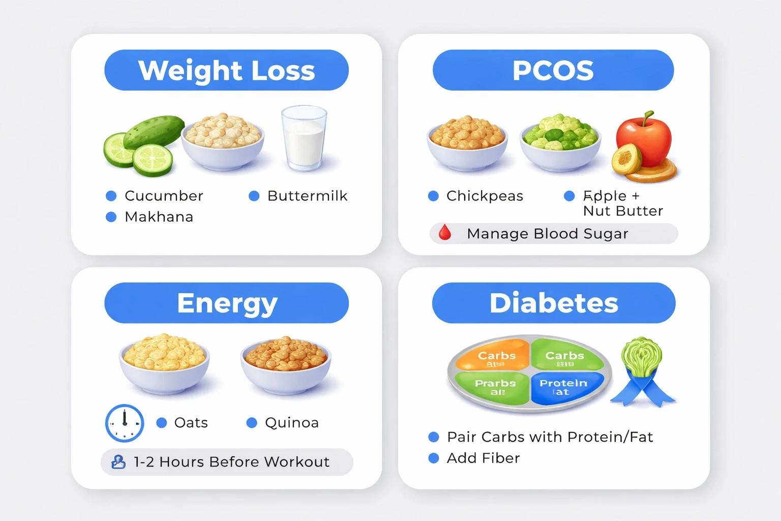 Modern infographic with four blue-accented cards on a light gray background illustrating snack recommendations for weight loss, PCOS, energy, and diabetes.