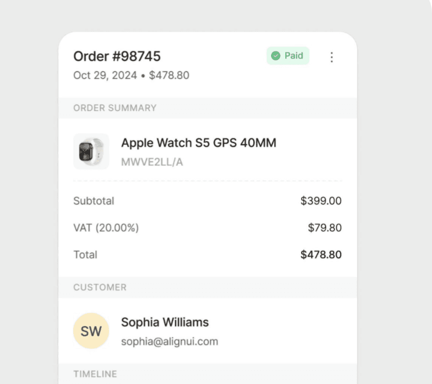 Business dashboard showing ERP customer order history, invoices, and purchase tracking details.