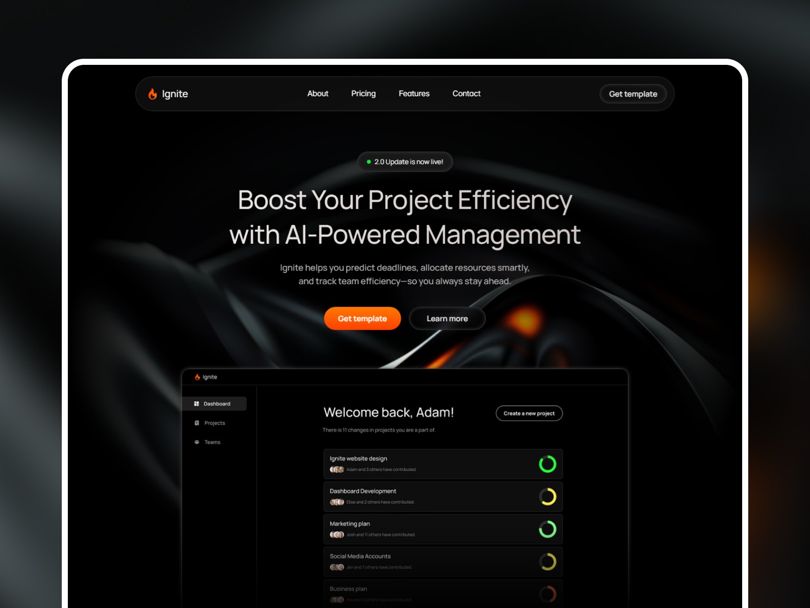 Ignite Framer template homepage hero reading "Boost Your Project Efficiency with AI-Powered Management" with app UI on dark background