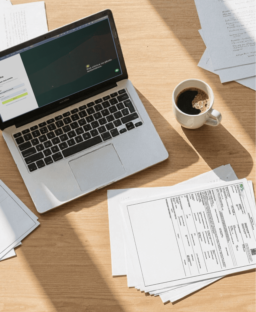 Notebook aberto exibindo a plataforma Tivita sobre uma mesa de madeira, ao lado de uma xícara de café e de pilhas de documentos impressos, incluindo uma nota fiscal. A cena representa a rotina administrativa de uma clínica organizada com apoio da Tivita.