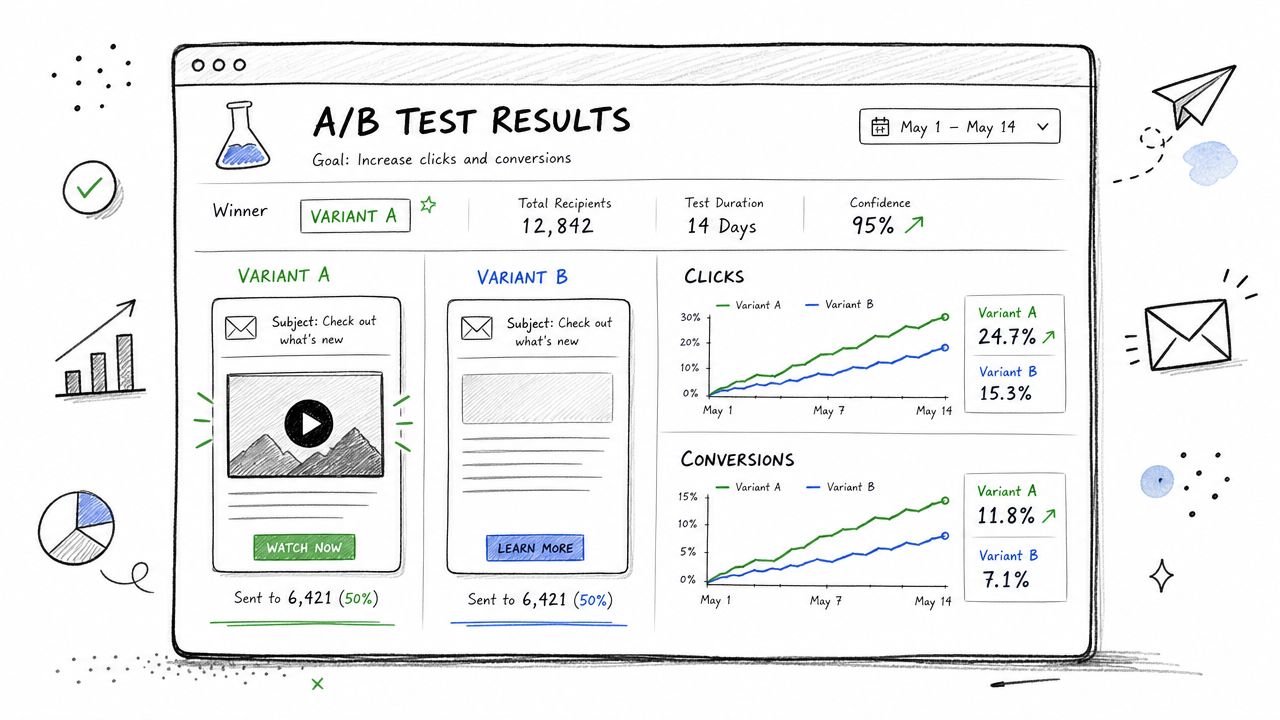 An illustration showing A/B test results comparing email marketing variants with video content and standard links.