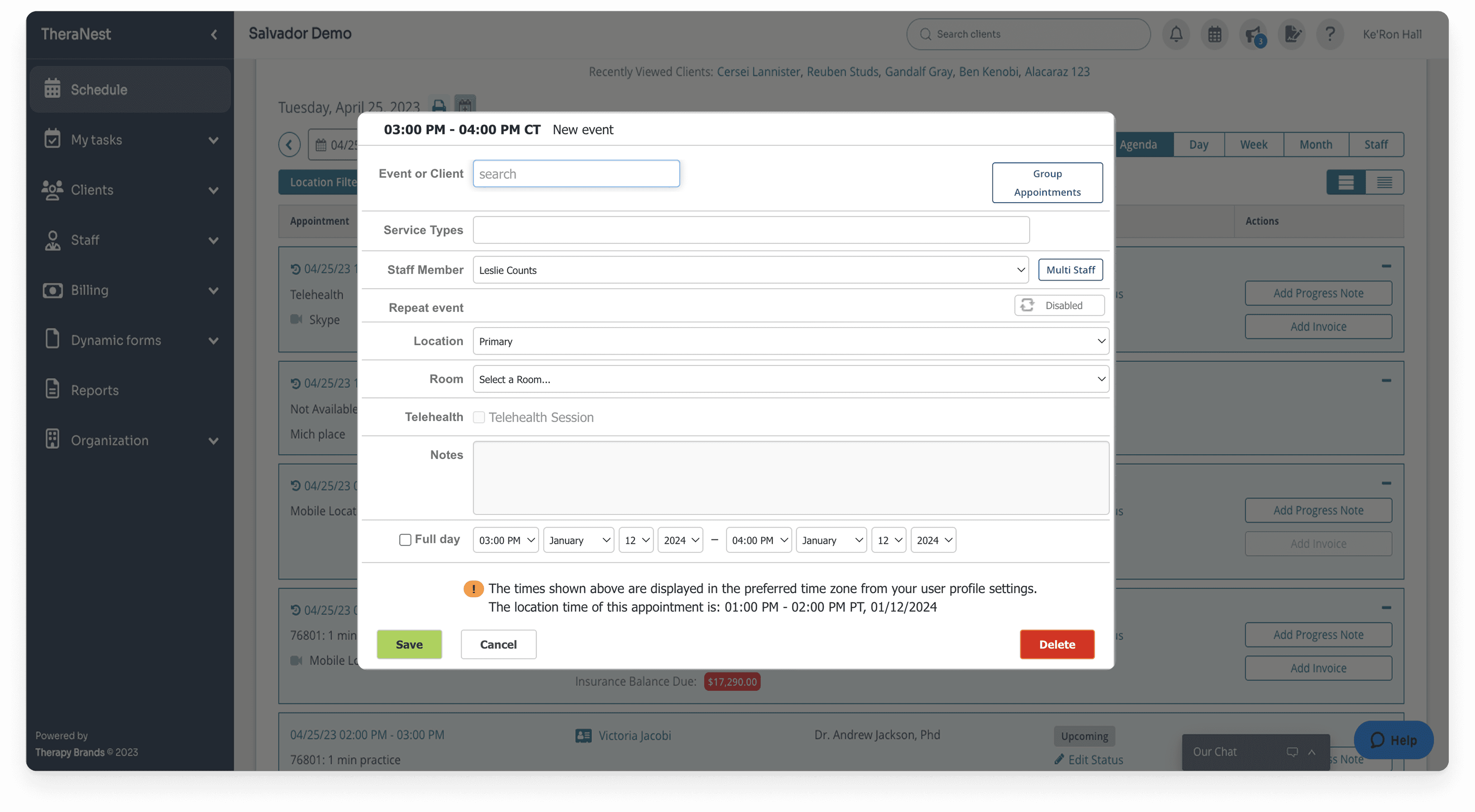 Legacy appointment modal showing dense form layout and small touch targets prior to redesign.