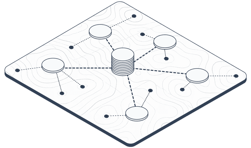 Isometric illustration of a topographic map with connected sampling nodes feeding into a central data repository, representing measurement and data capture.