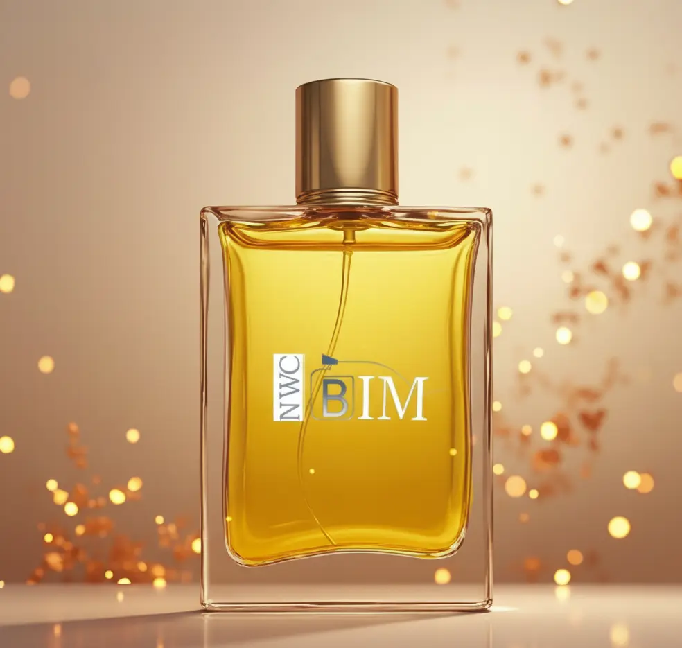 A perfume bottle with a golden cap and yellow liquid inside, with the letters "NWC BIM" on the front