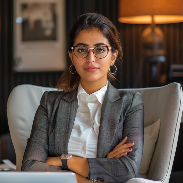 Professional adult standing confidently in business attire, representing parents.