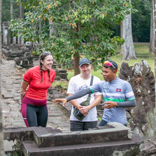 Explore the beautiful Bayon Temple, known for the many mysterious faces engraved on its towers.