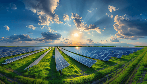 Rows of solar panels under a vibrant sky, illustrating sustainability insights and clean energy impact.