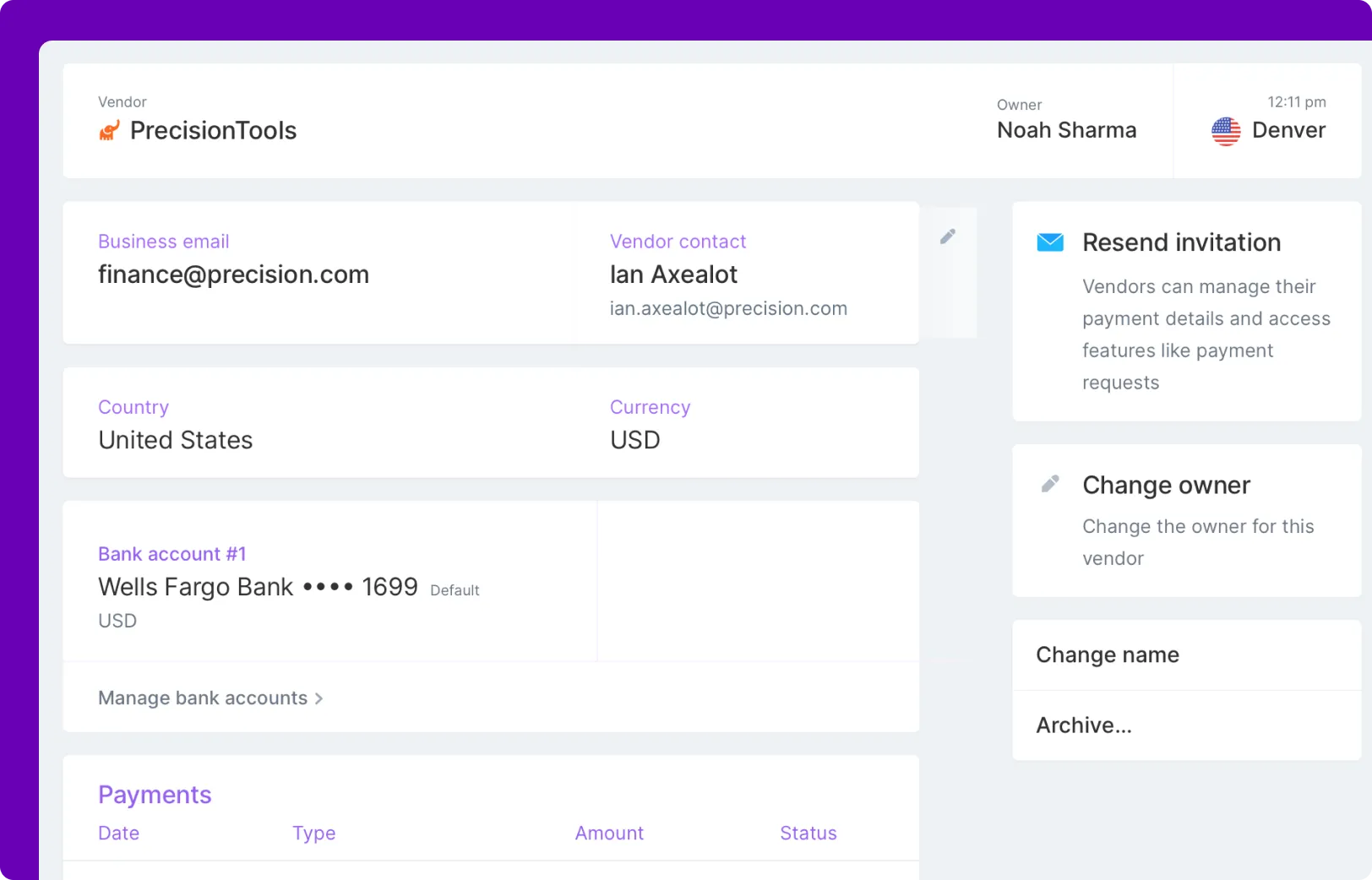 Screenshot of the vendor page for PrecisionTools, showing their email, vendor contact, country, currency, bank account details, and more.
