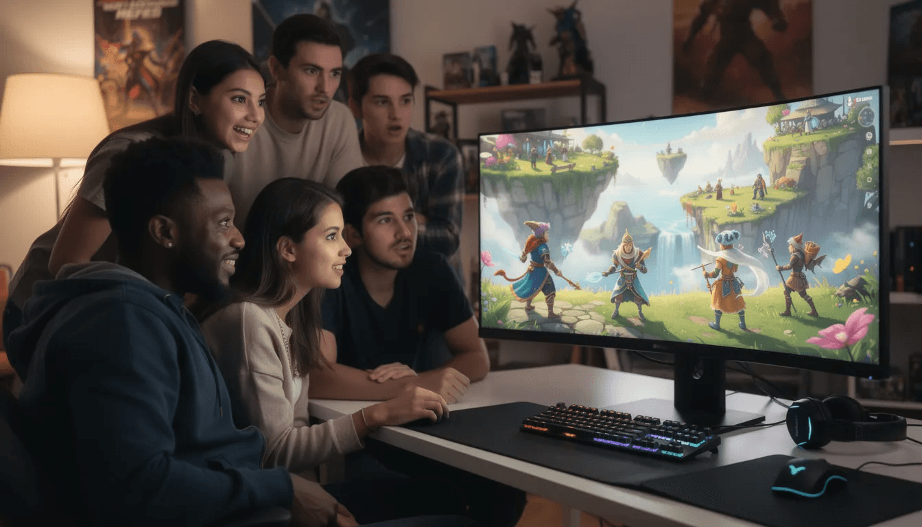 A diverse group of people is gathered around a computer screen, excitedly engaging with a colorful game world filled with creative characters, showcasing the collaborative spirit of game development. They are using AI tools and natural language prompts to create software, illustrating the fun and iterative refinement process involved in bringing their ideas to life.