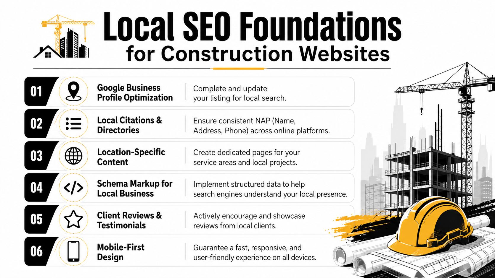 An infographic detailing six essential Local SEO foundation steps for construction industry business websites.