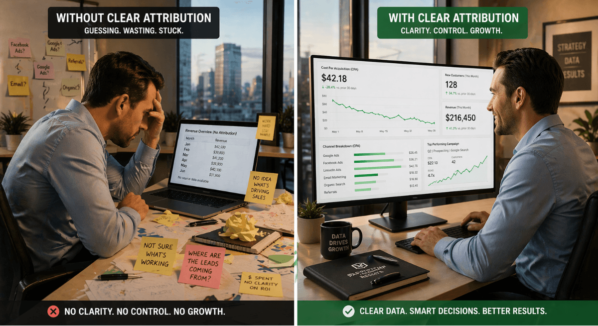 Split image contrasting unclear and data-driven agency performance to evaluate how many leads should marketing generate