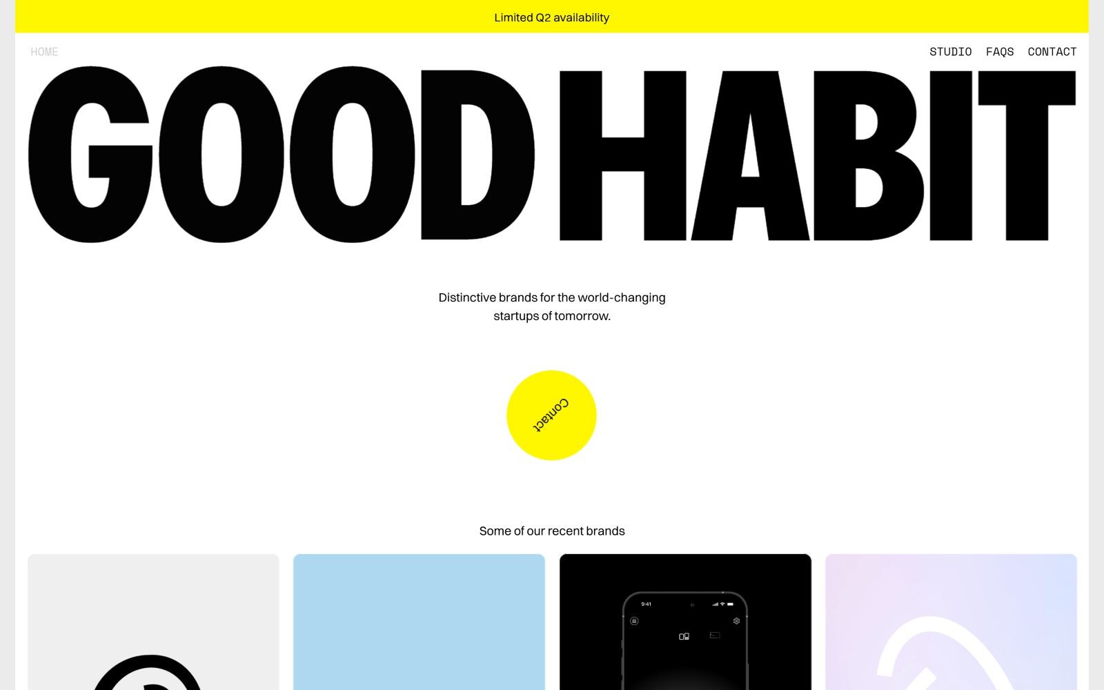 Bold "GOOD HABIT" text in black on white; yellow banner reads, "Limited Q2 availability." Circle with "STUDIO" below.