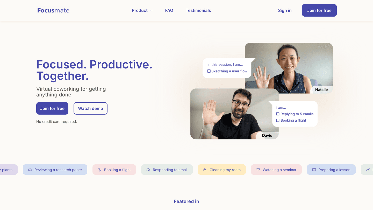 Focusmate virtual coworking platform homepage