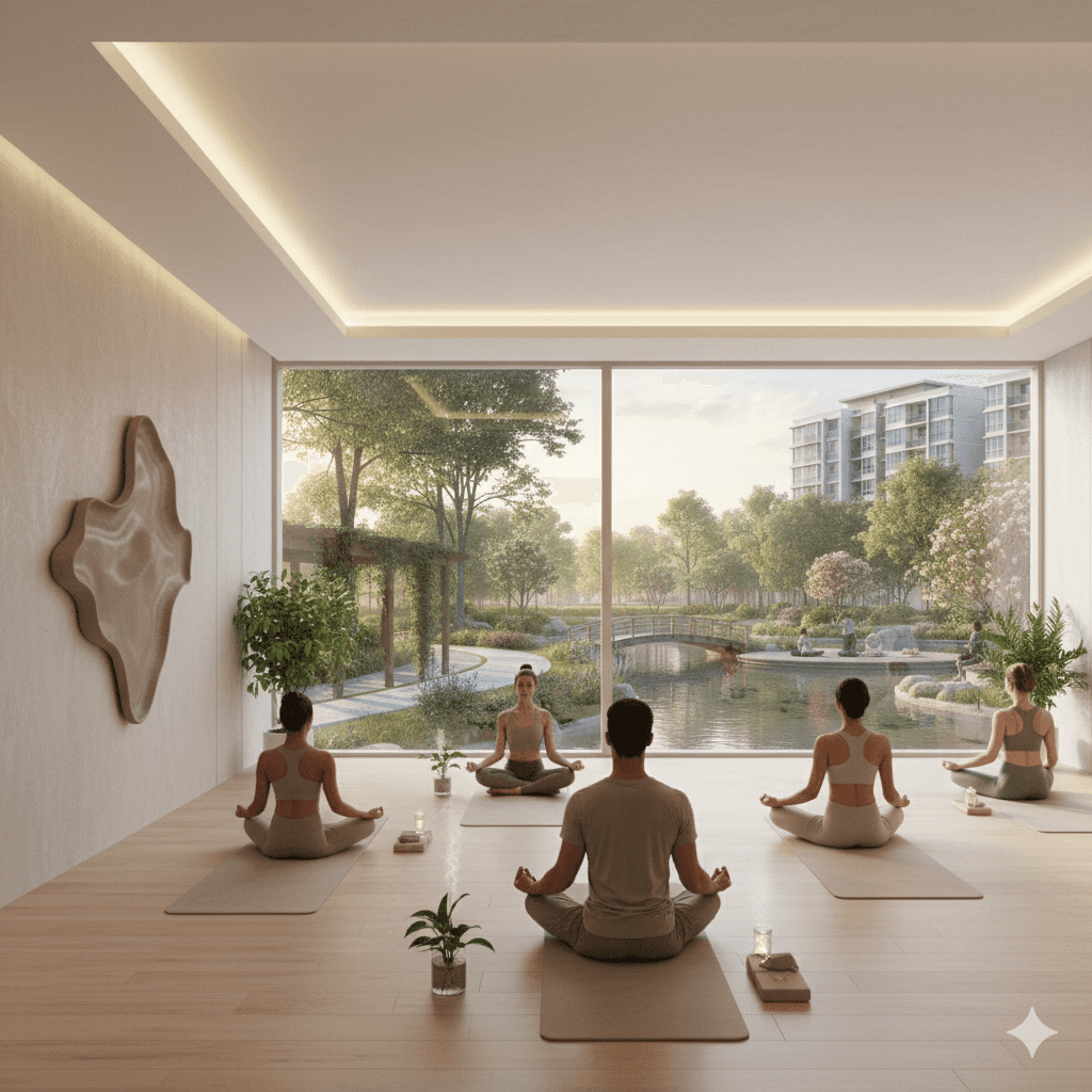 Outdoor yoga deck in peaceful setting; residential wellness zone Manesar.