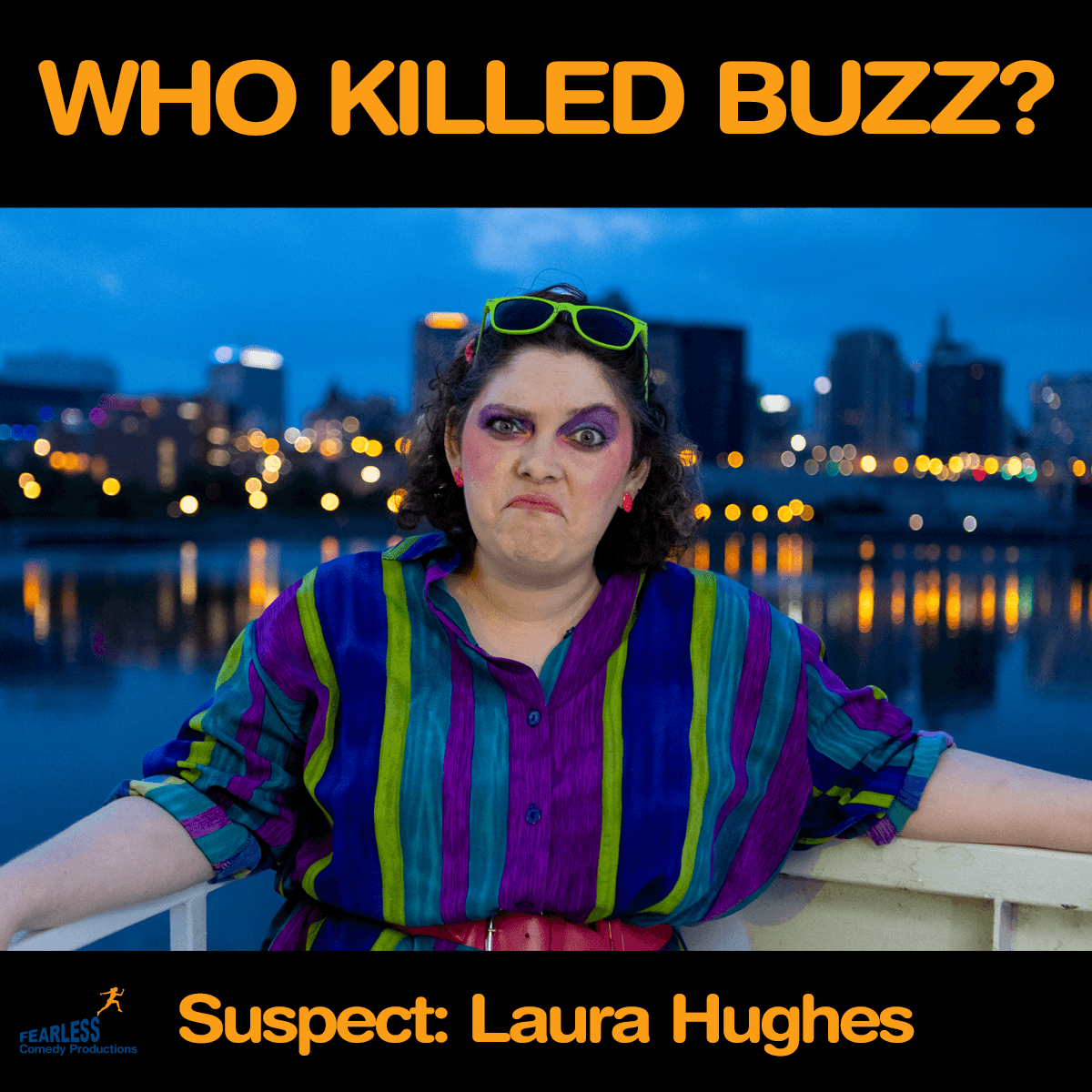 Promotional graphic of a woman posing against a waterfront city skyline, titled Who Killed Buzz.