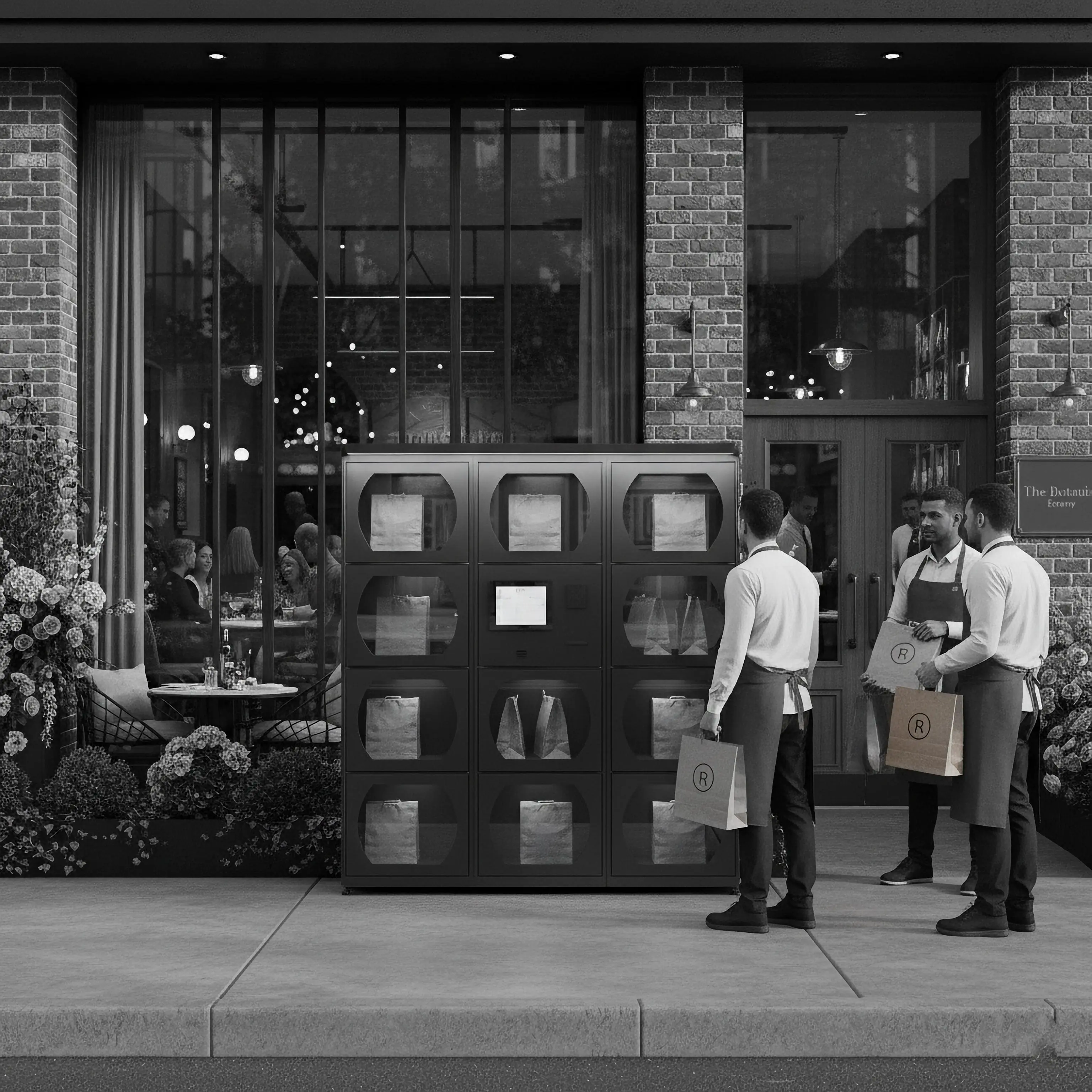 Temperature-controlled food locker for restaurant meal delivery and hospitality services.