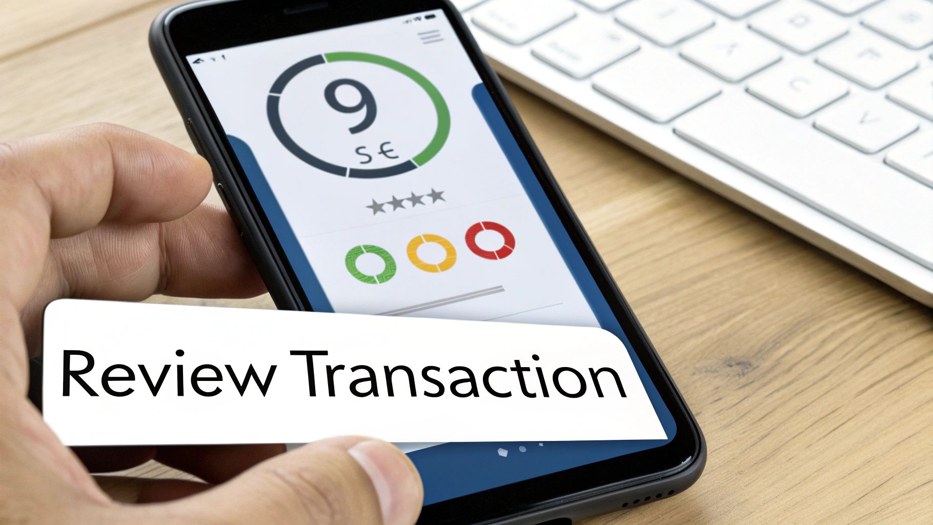A hand holds a smartphone displaying a transaction review app with a score and graphics. Text overlay says 'Review Transaction'.