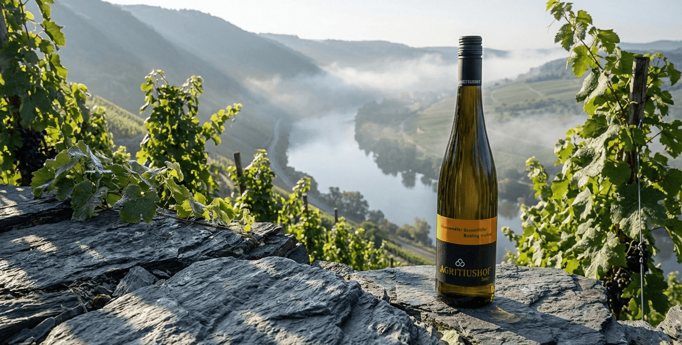 Agritiushof Riesling-Flasche auf Moselschiefer mit Blick auf Steillagen-Weinberge und Flusstal im Morgennebel