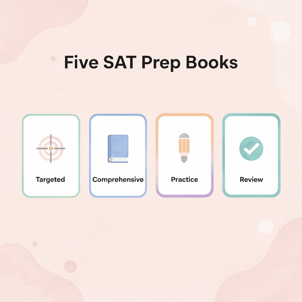 Infographic showing five types of SAT prep books