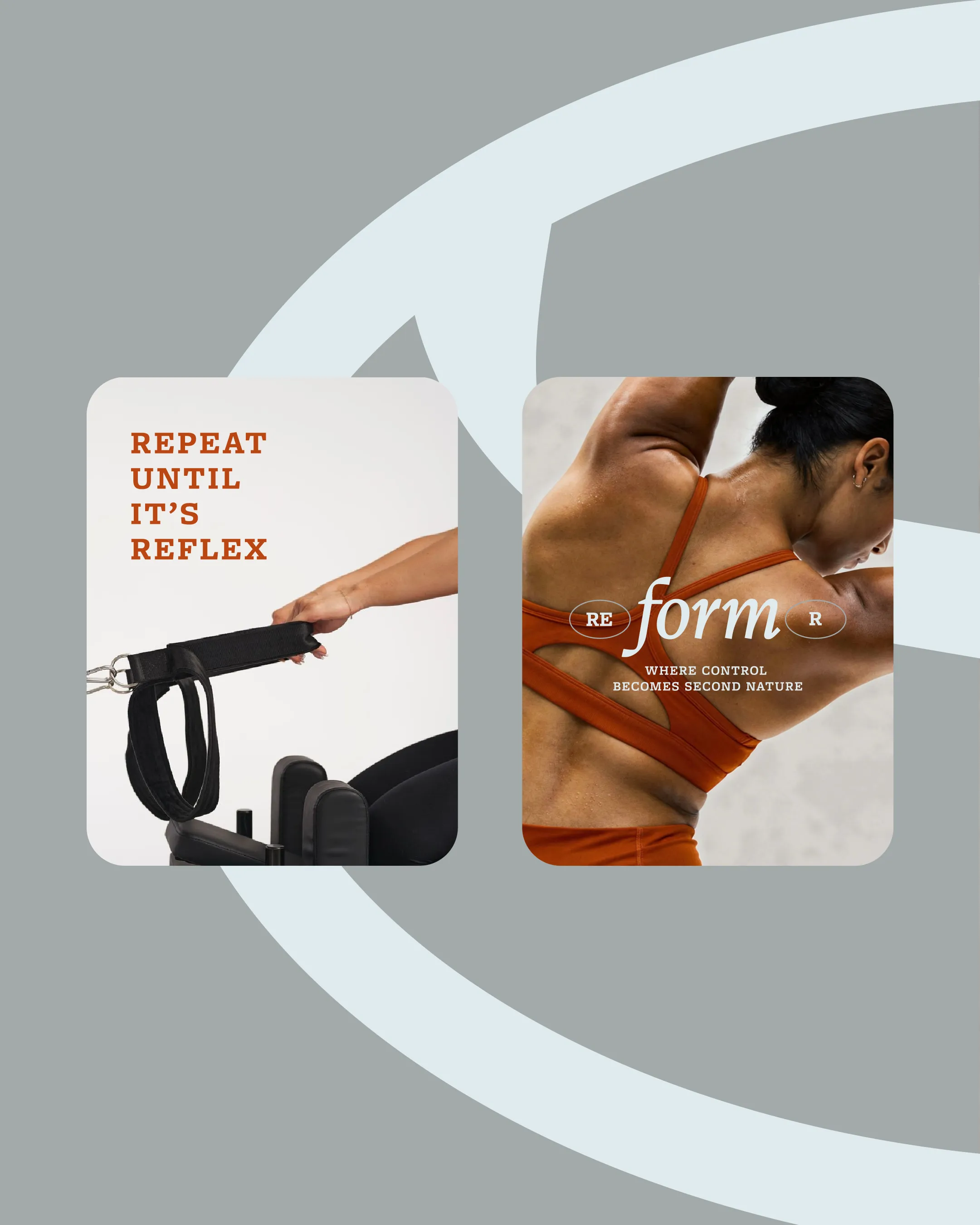 Reformr Pilates Studio brand identity — mobile app screens and social media posts