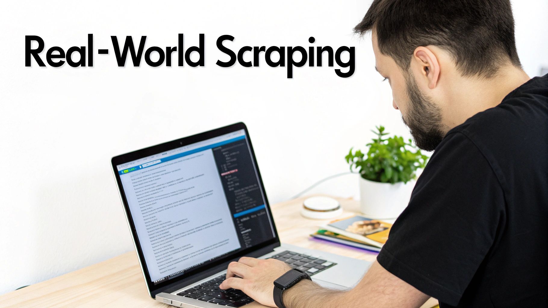 A man with a beard is focused on his laptop, working on real-world web scraping.