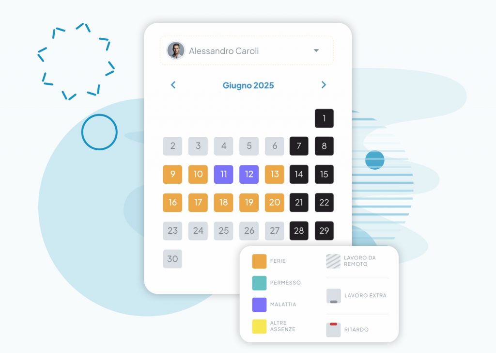 Schermata Fluida con calendario giustificativi dove si vedono ferie e malattia