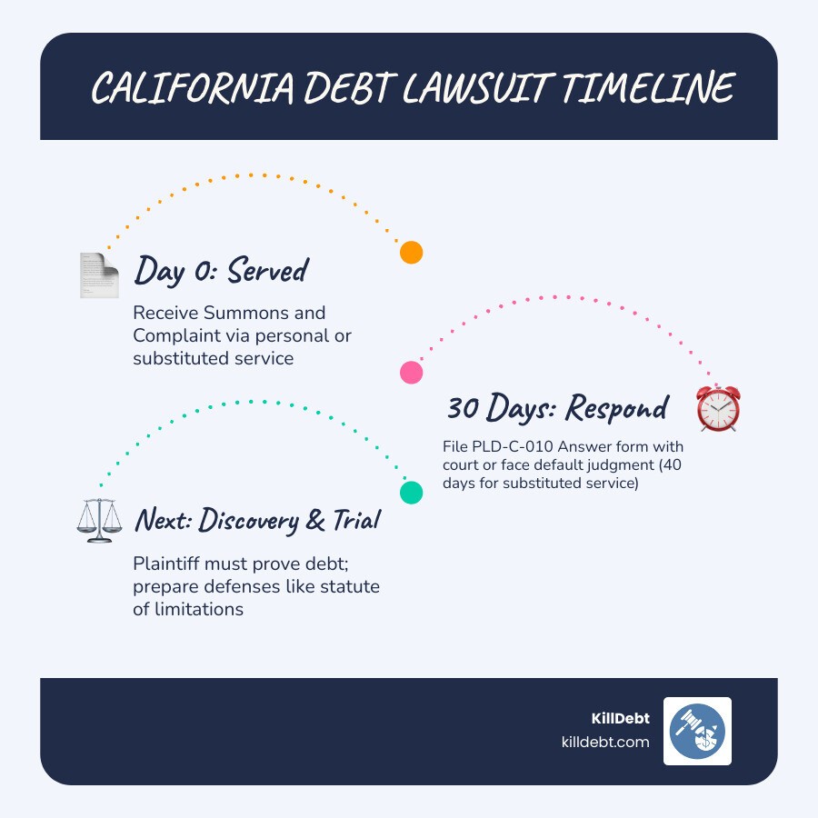 California debt lawsuit answer timeline from service to filing to trial - california debt lawsuit answer infographic