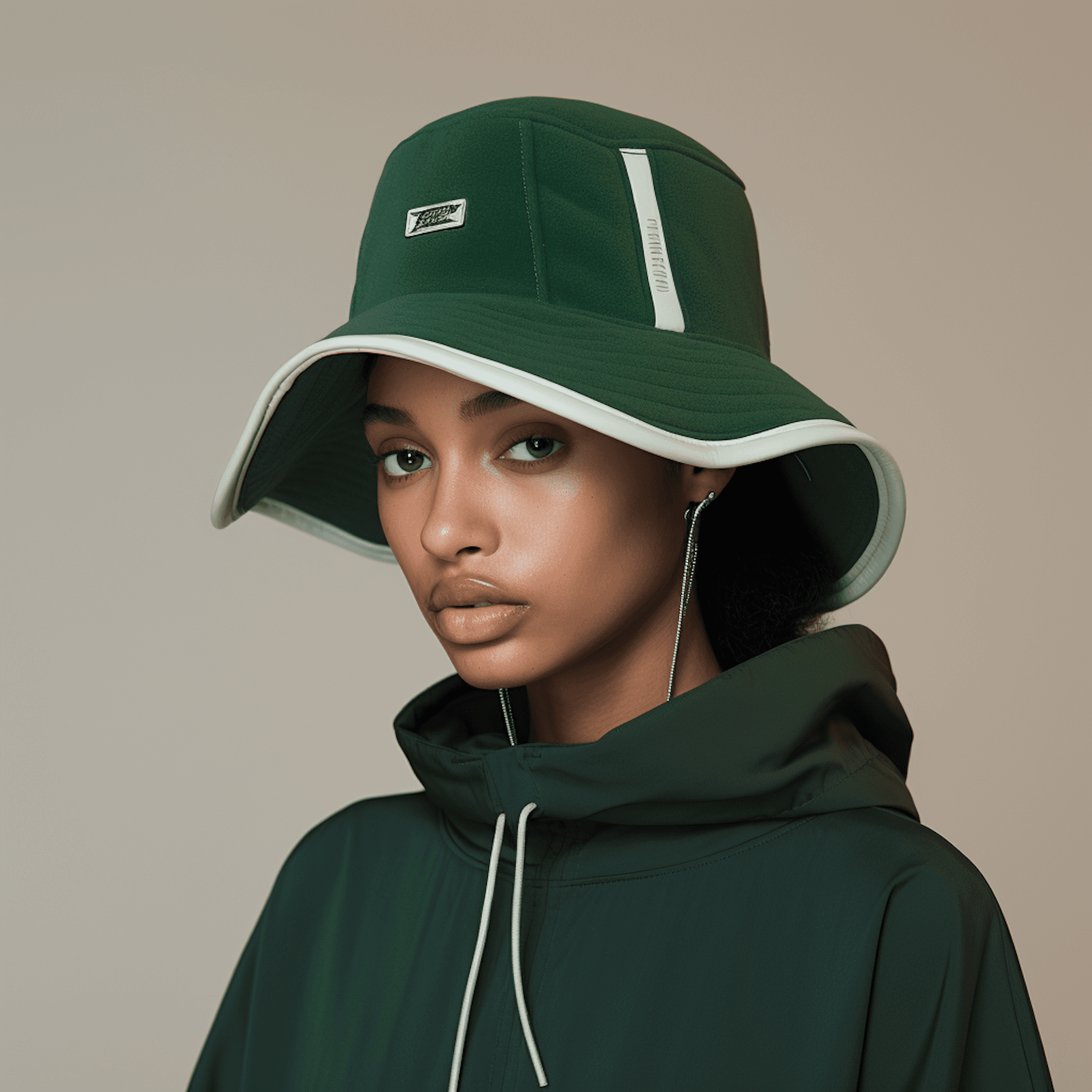 Stylish woman in a green bucket hat and jacket, with a calm expression against a beige background. Fashionable and modern look.