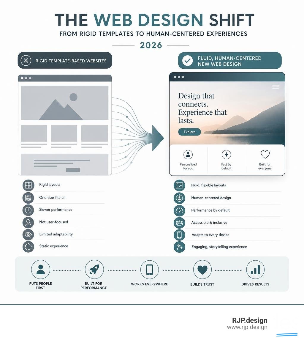 Infographic showing the shift from rigid template-based websites to fluid human-centered new web design in 2026 infographic