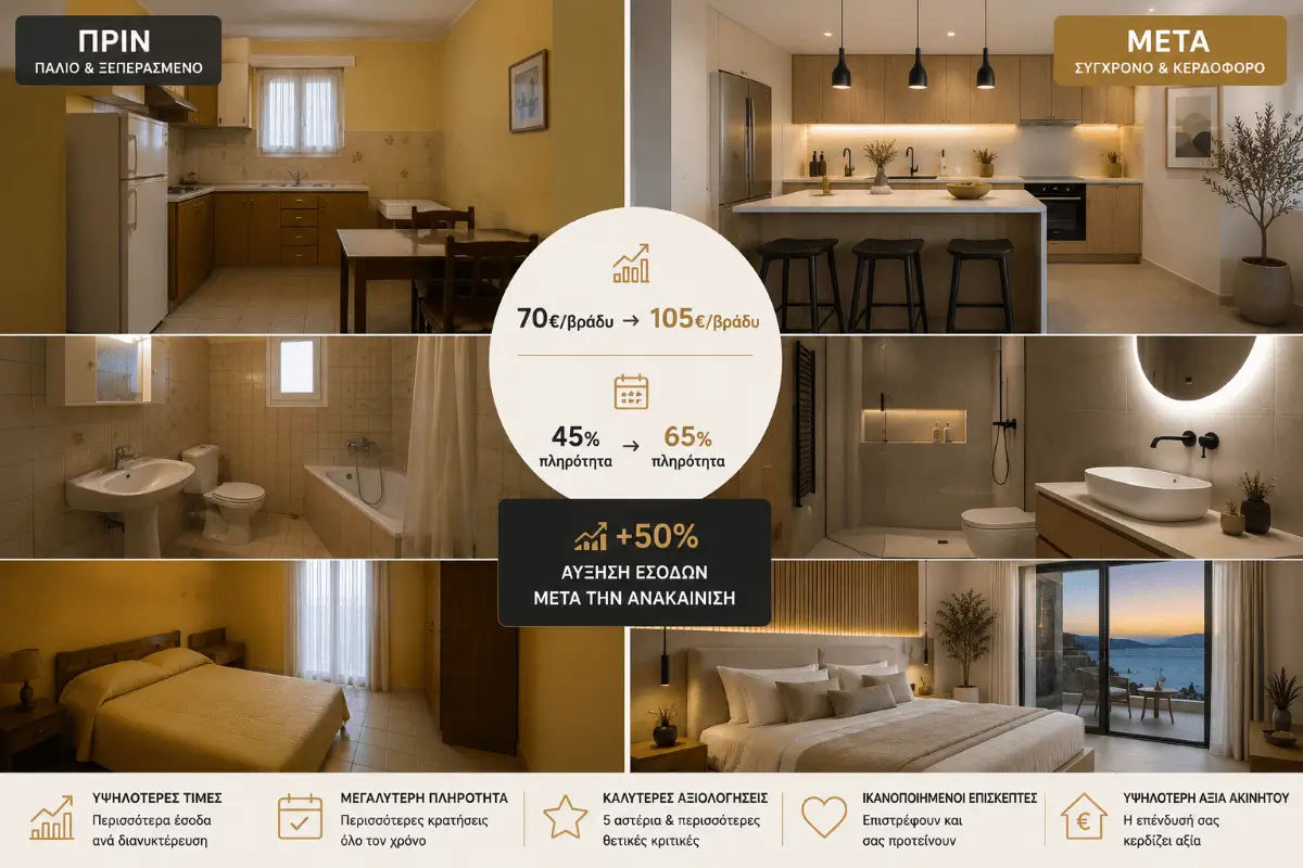 Σύγκριση Airbnb πριν και μετά την ανακαίνιση με αύξηση τιμής διανυκτέρευσης, πληρότητας και εσόδων το 2026