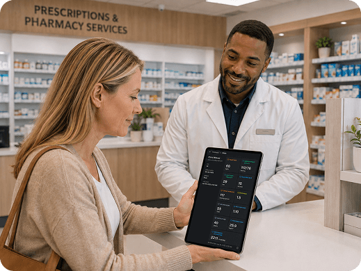 Woman conducting a remote biometrics vitals scan using a kiosk in a pharmacy