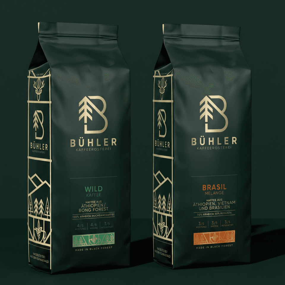 Bühler Caffè Detailansicht – einzelner Kaffeebeutel mit goldener Wortmarke