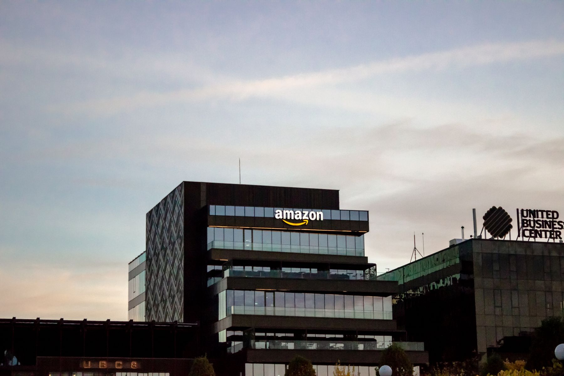 Amazon office building with the company logo displayed outside