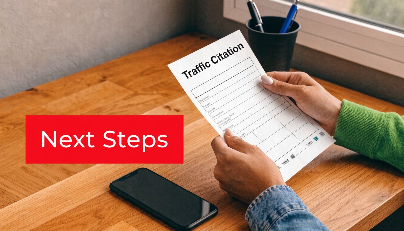A person holding a traffic citation document at a wooden desk with a smartphone nearby.