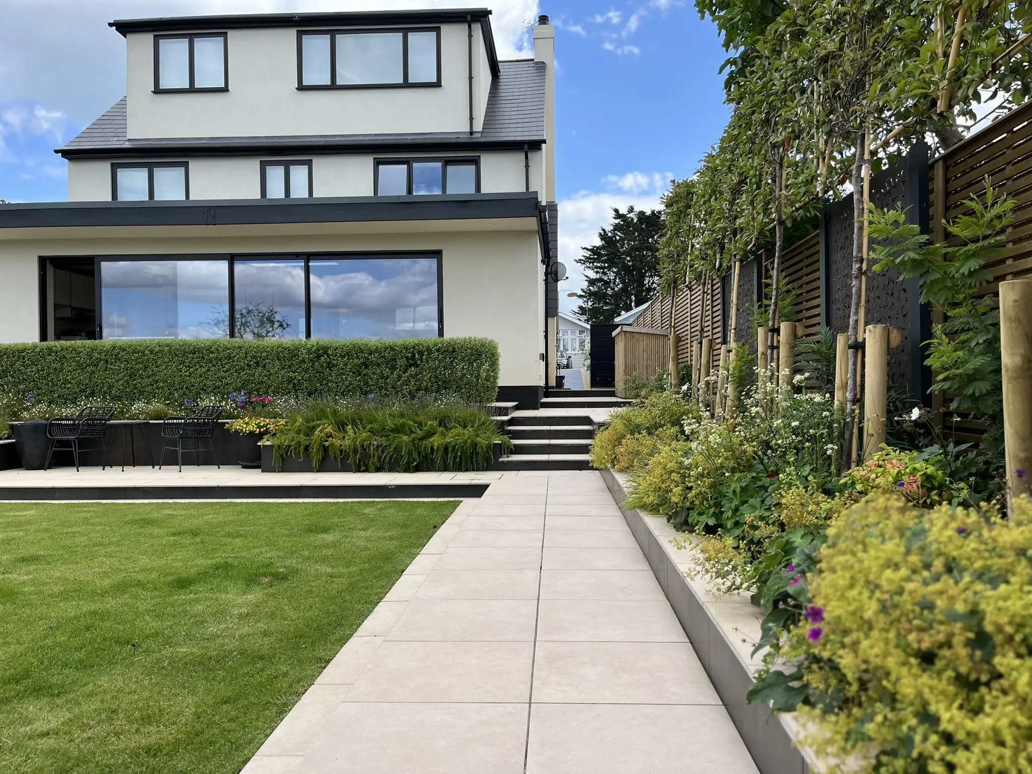 A modern house with a large window, surrounded by well-maintained grass and hedges, under a clear blue sky.