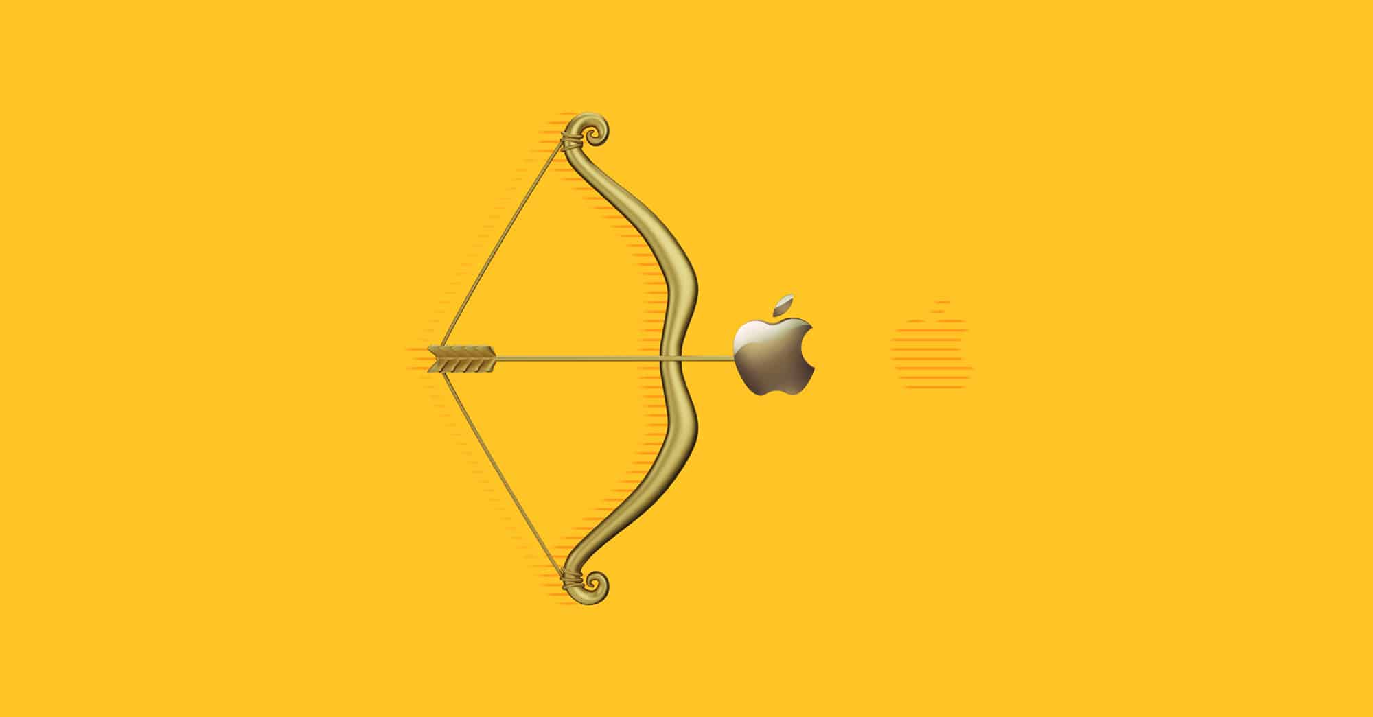Arco dorado disparando flecha con el logo de Apple en fondo amarillo.