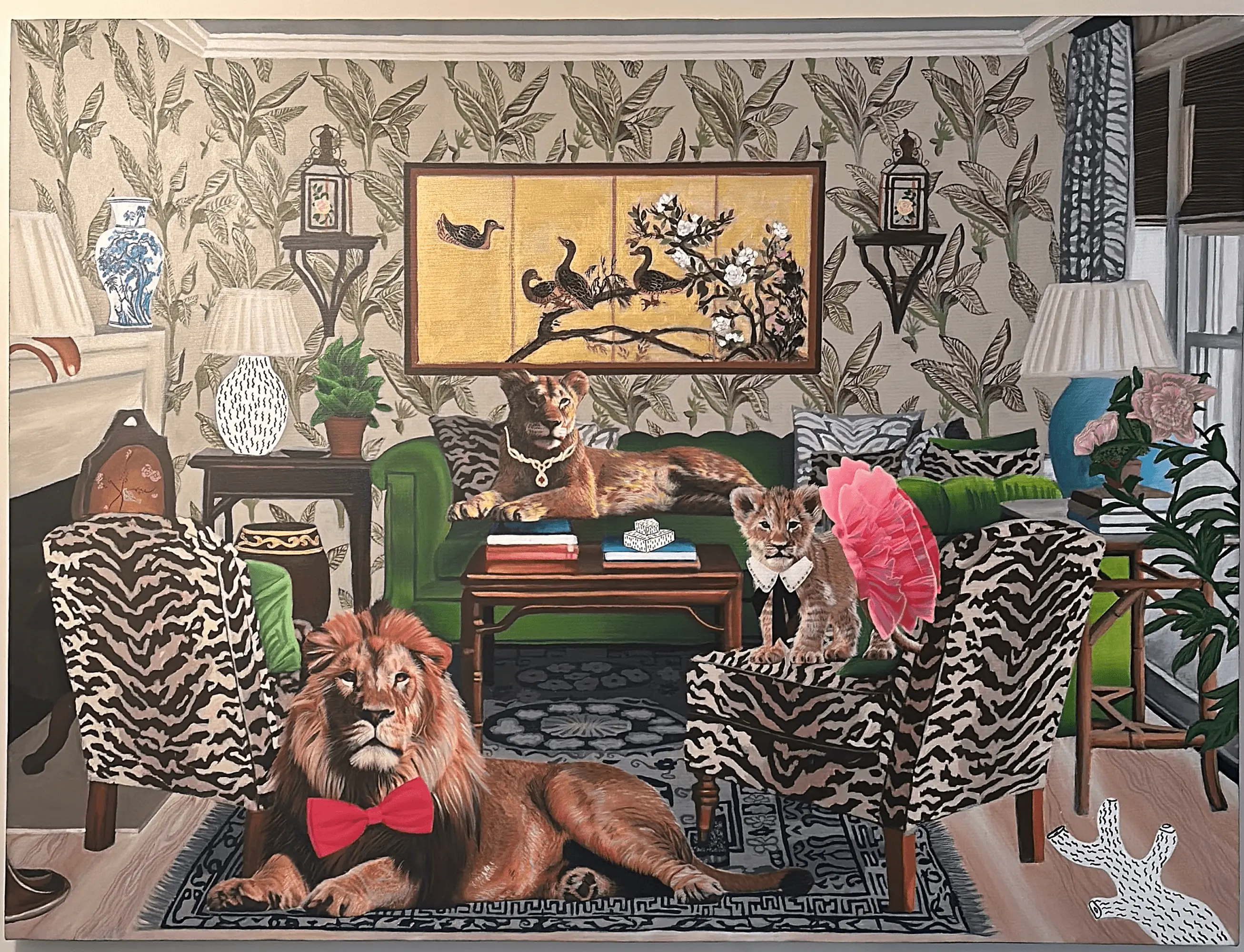 A whimsical painting of a lion family dressed in accessories lounging in a lavishly decorated living room with zebra-print chairs, floral wallpaper, and fine art.
