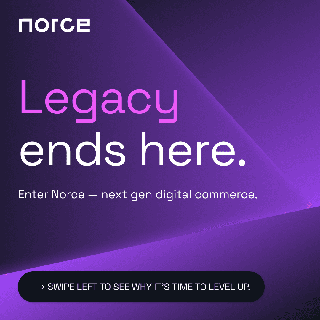 A digital advertisement promoting a next-generation digital commerce platform, featuring bold headline text on a purple gradient background.